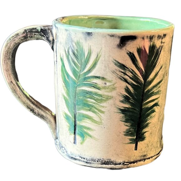Slash of Blue Handmade Green Feathers Hearts and Dots Stoneware Mug
